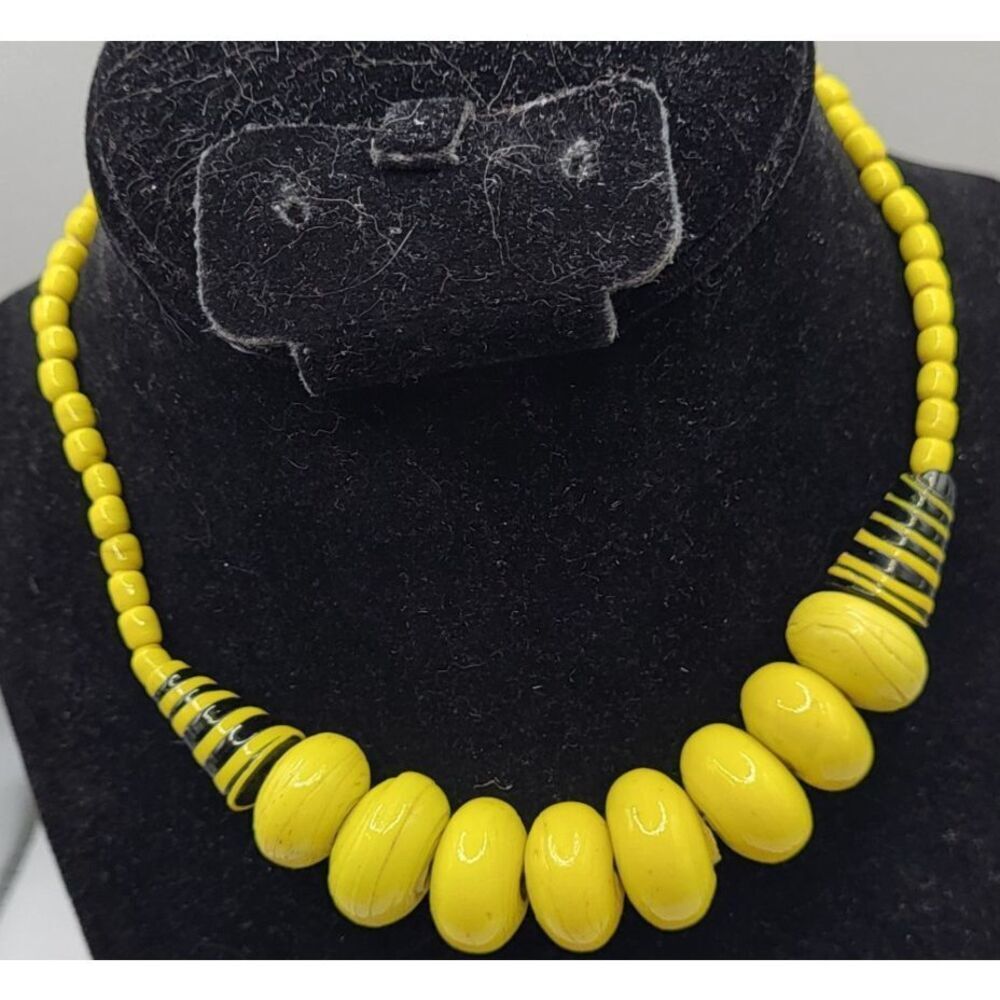 Vintage 60s Recycled Blown Glass Necklace  Yellow Black 15in